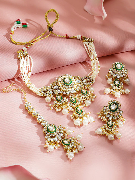 Pearl Embellished Kundan Necklace Set With Maangtikka フリーサイズ