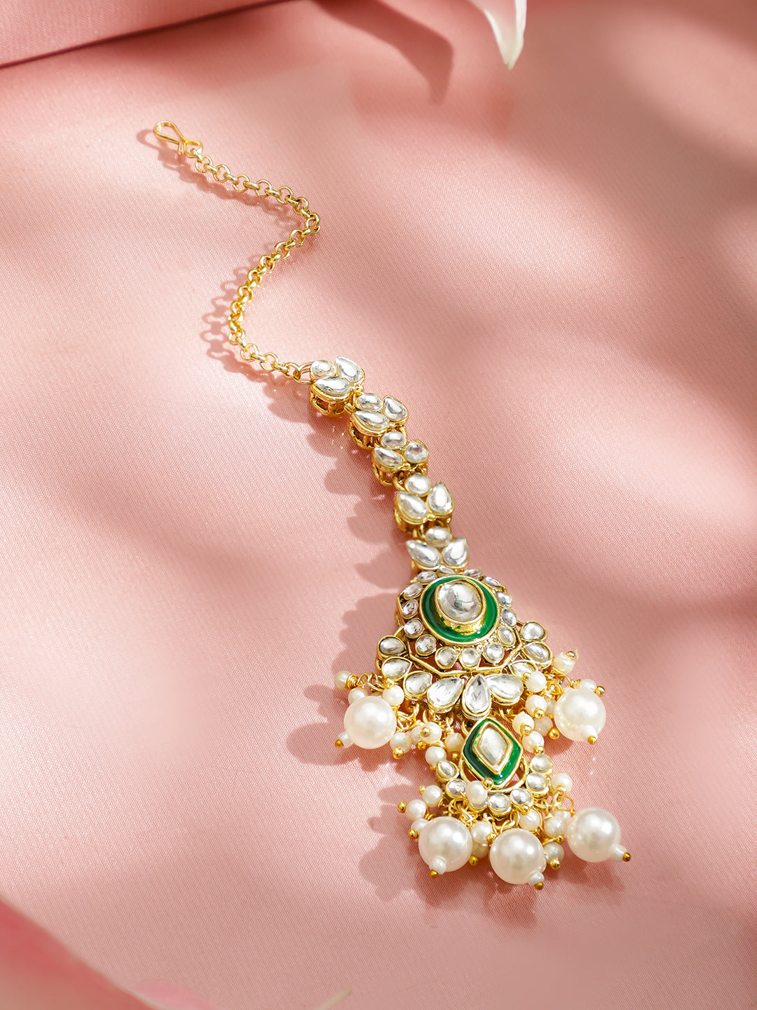 Pearl Embellished Kundan Necklace Set With Maangtikka フリーサイズ