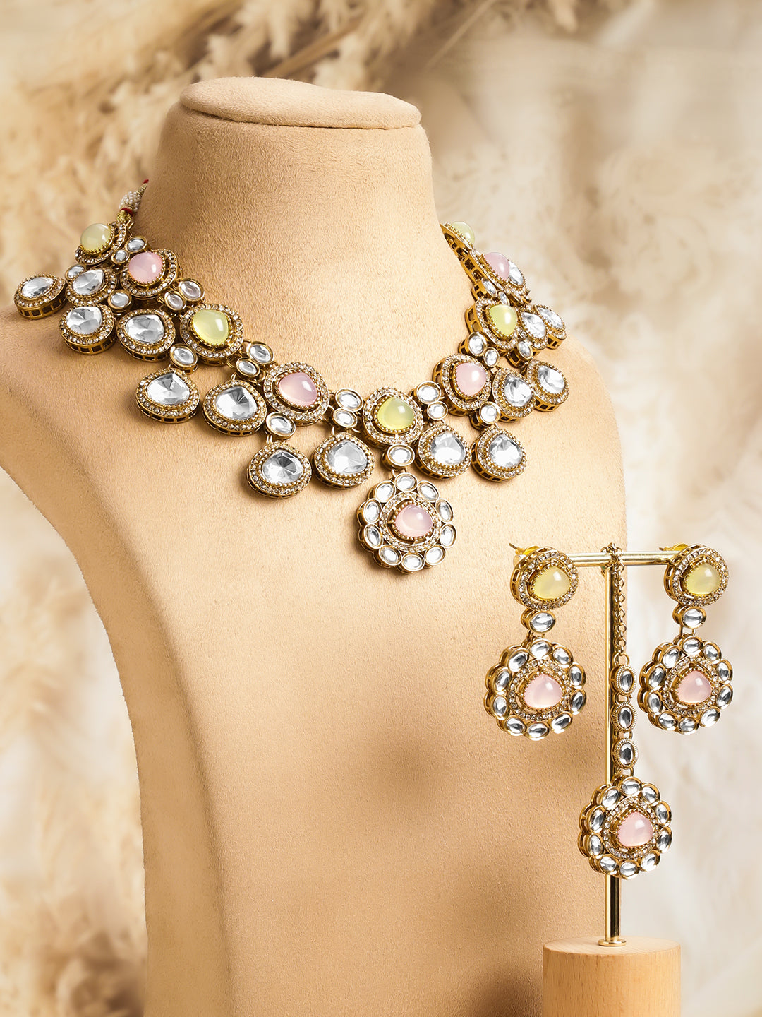 Yellow Pink Harmony Kundan Necklace Set フリーサイズ