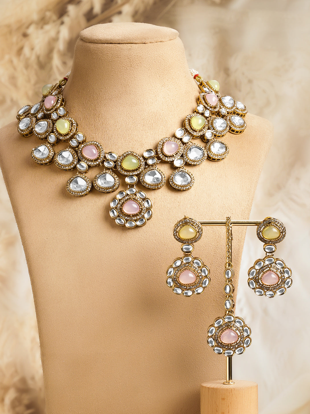Yellow Pink Harmony Kundan Necklace Set フリーサイズ
