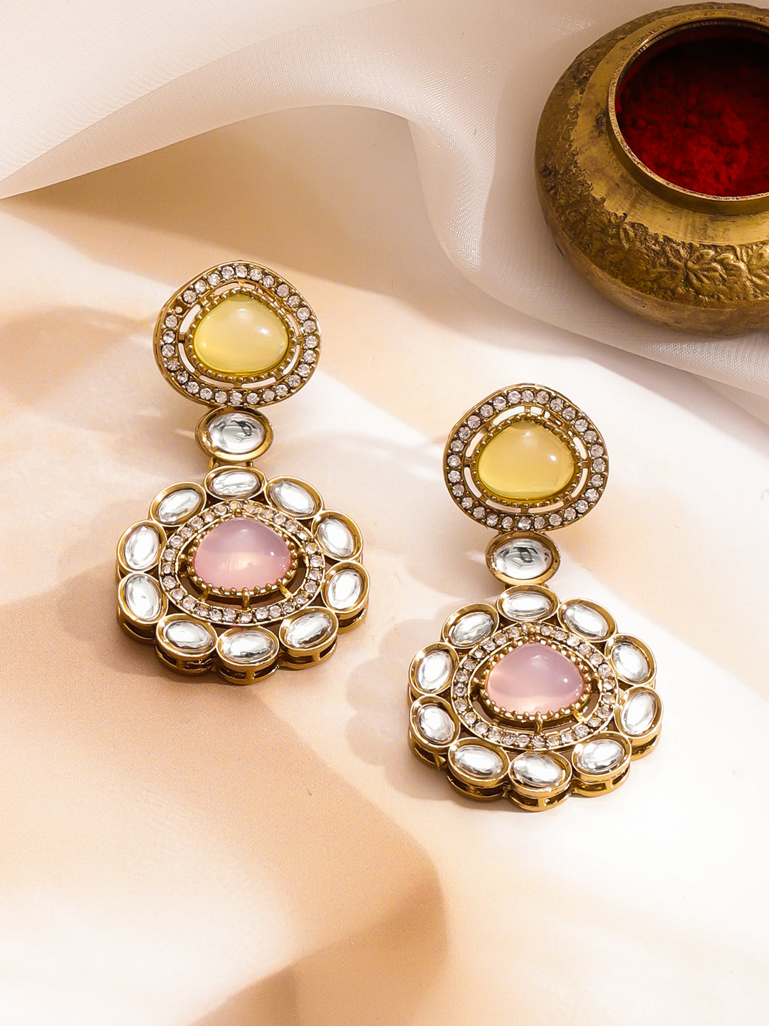 Yellow Pink Harmony Kundan Necklace Set フリーサイズ