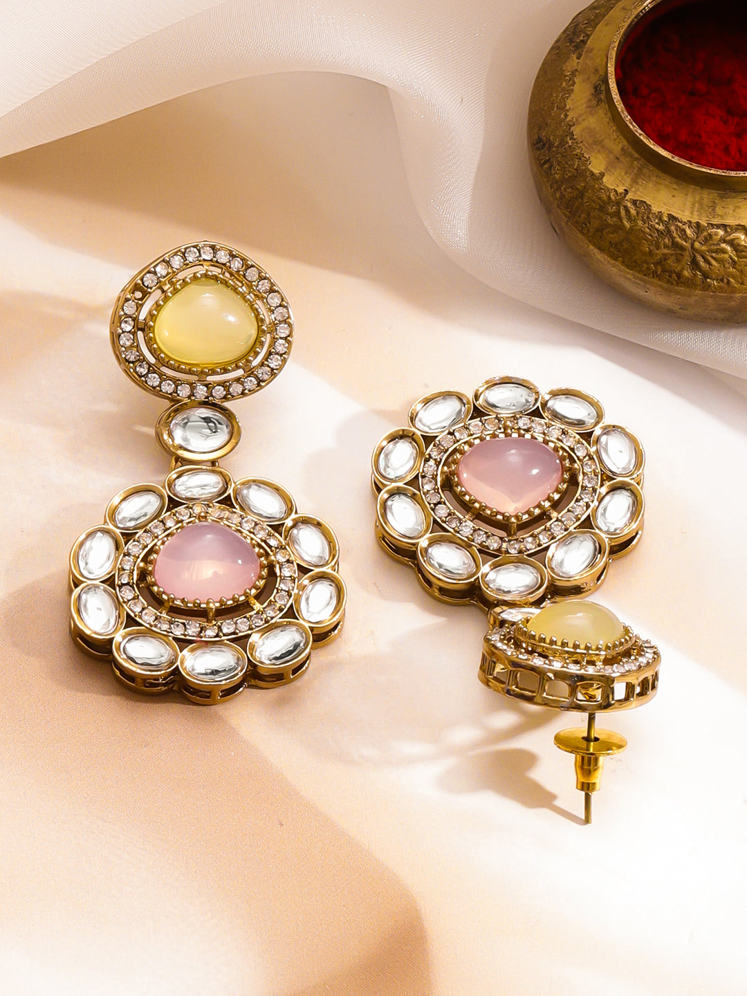 Yellow Pink Harmony Kundan Necklace Set フリーサイズ