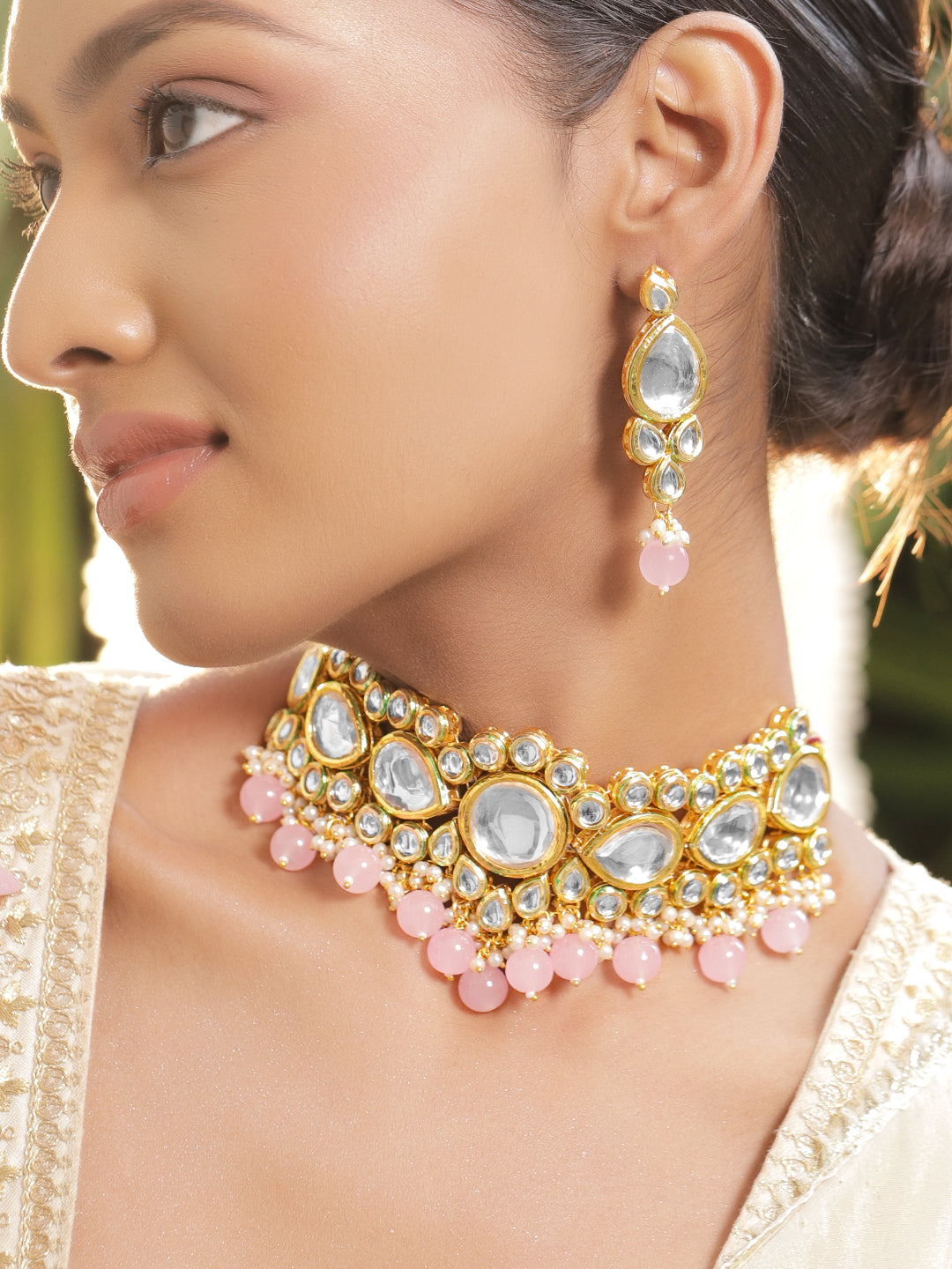 Delicate Pink Edges Kundan Necklace Set フリーサイズ