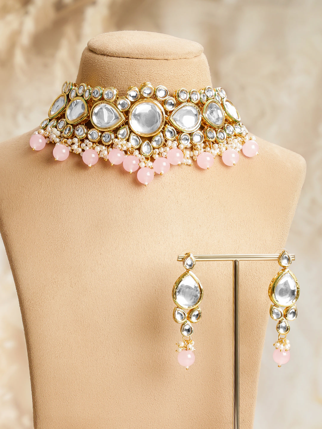 Delicate Pink Edges Kundan Necklace Set フリーサイズ