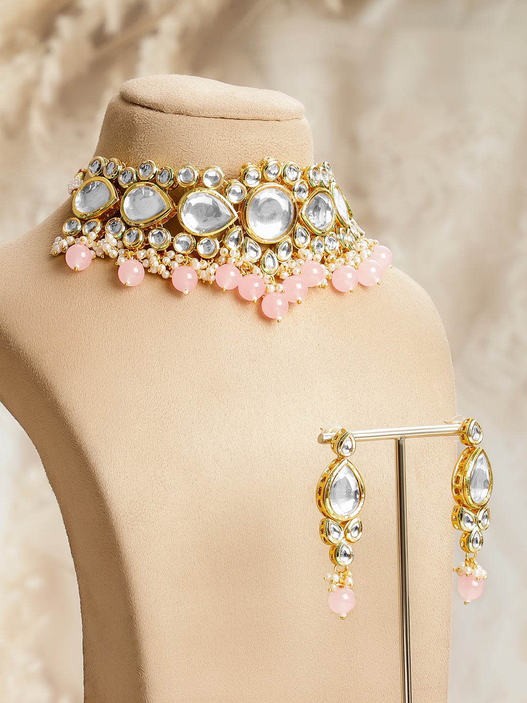 Delicate Pink Edges Kundan Necklace Set フリーサイズ