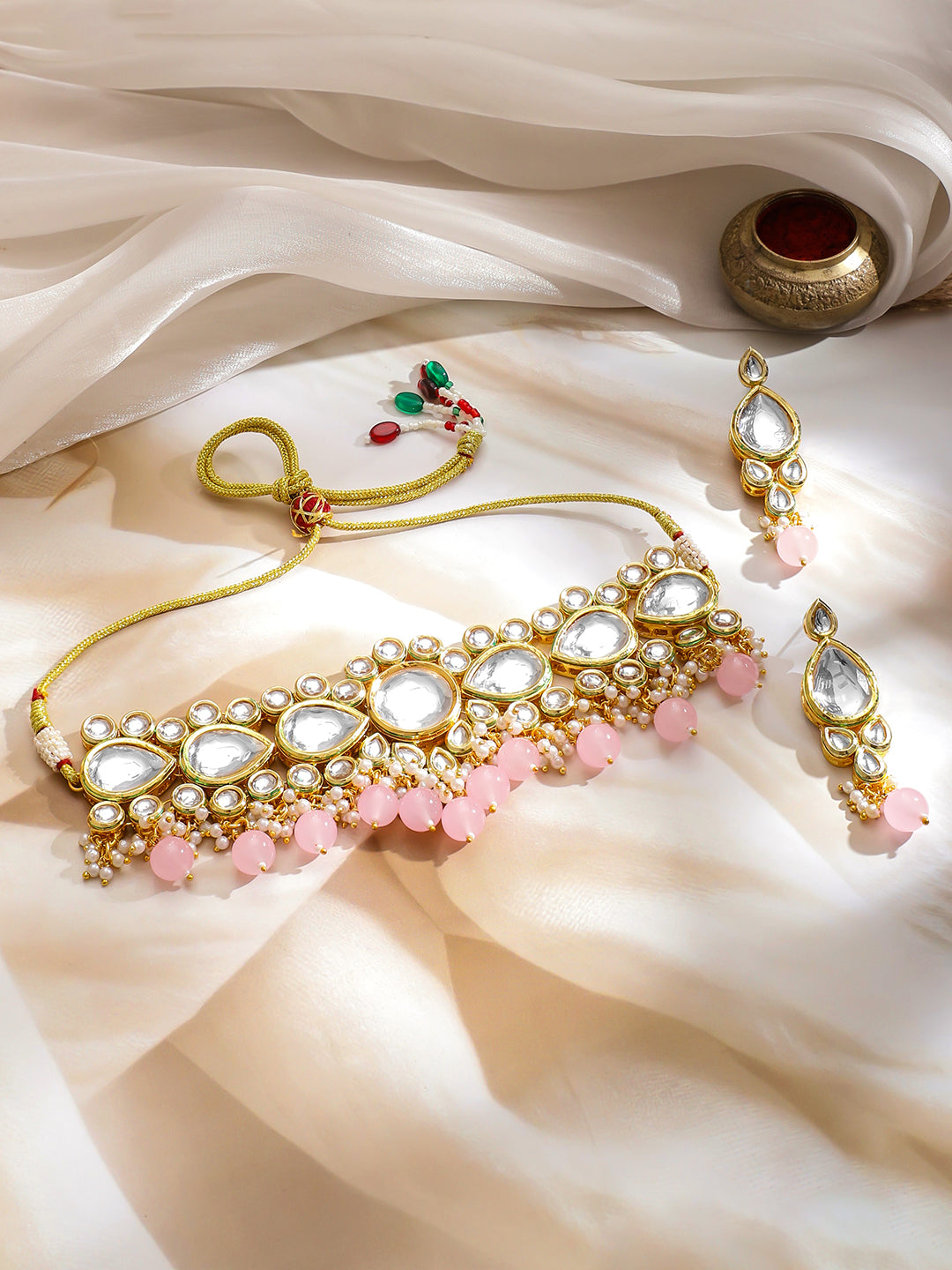 Delicate Pink Edges Kundan Necklace Set フリーサイズ
