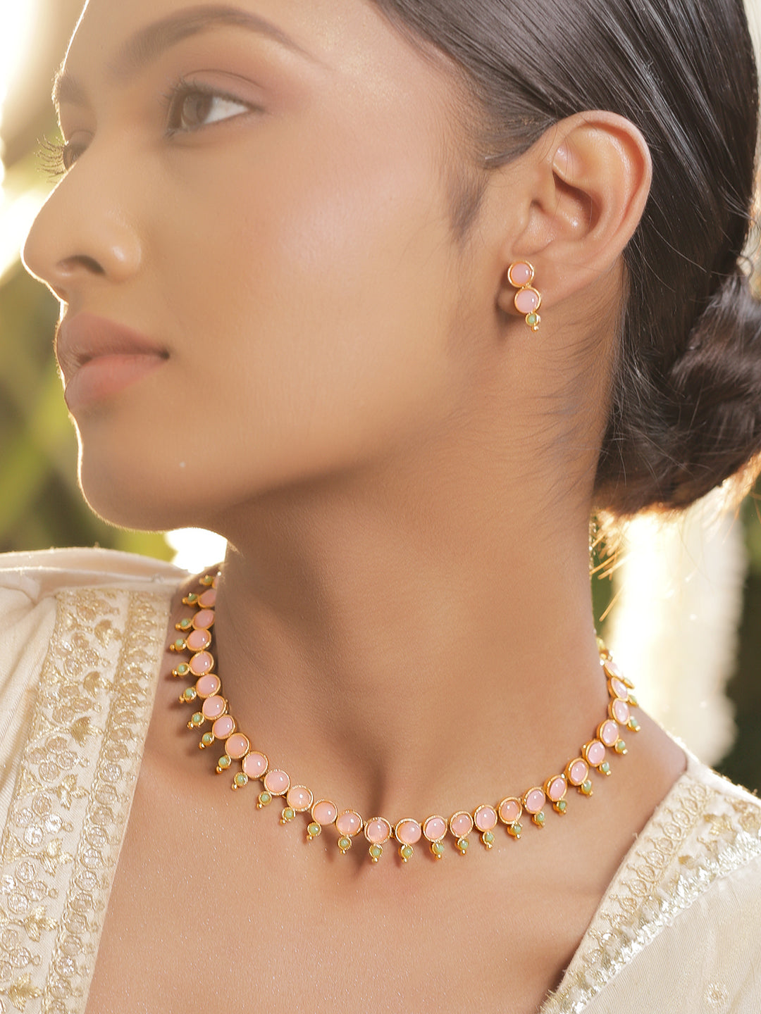 Pink & Green Studded Necklace Set フリーサイズ