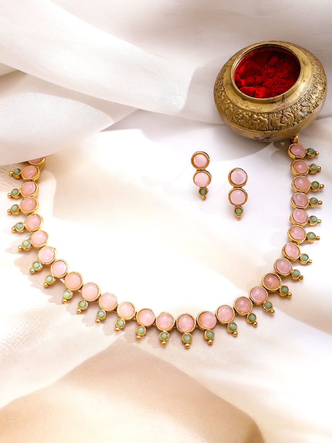 Pink & Green Studded Necklace Set フリーサイズ