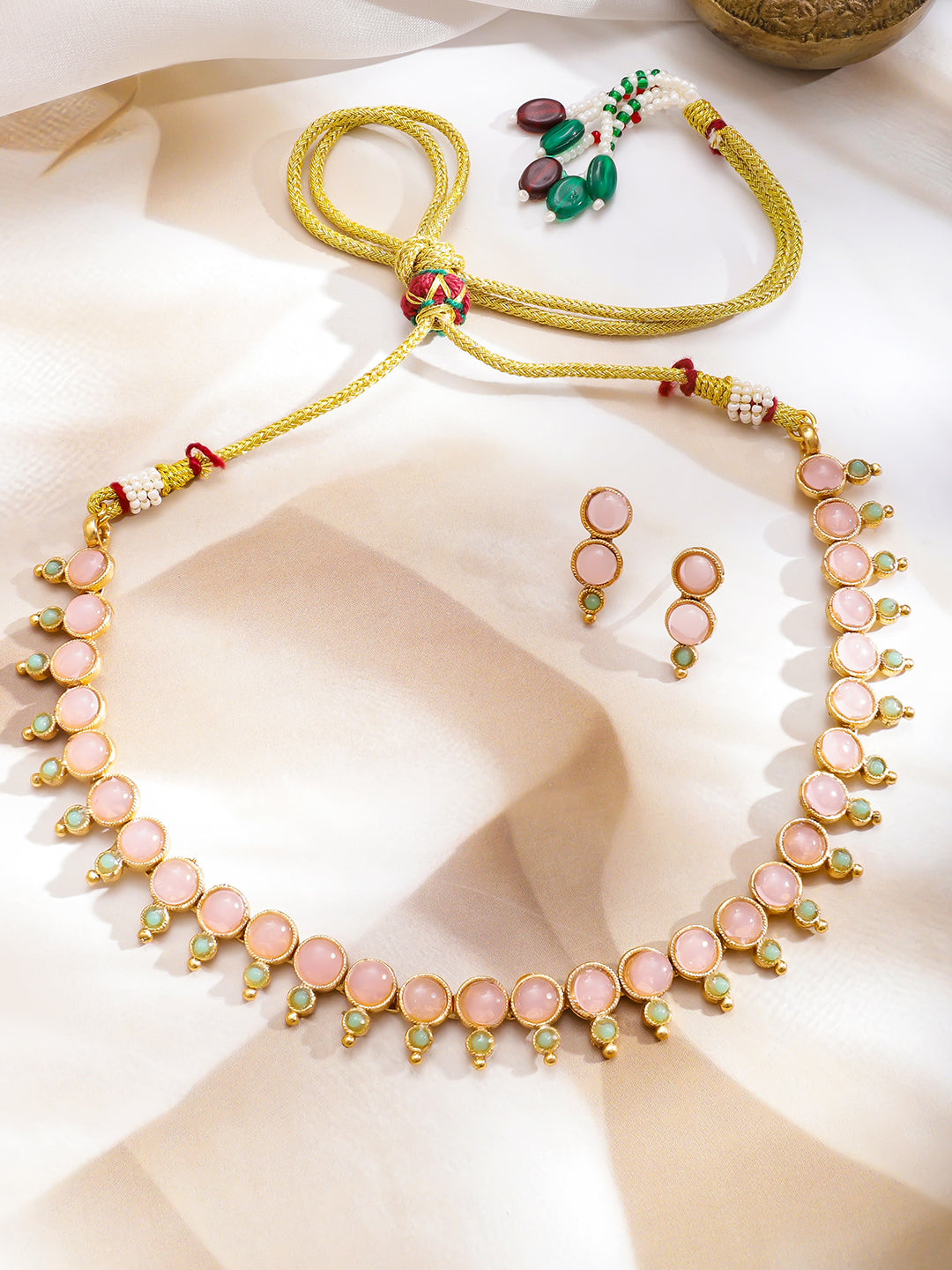 Pink & Green Studded Necklace Set フリーサイズ