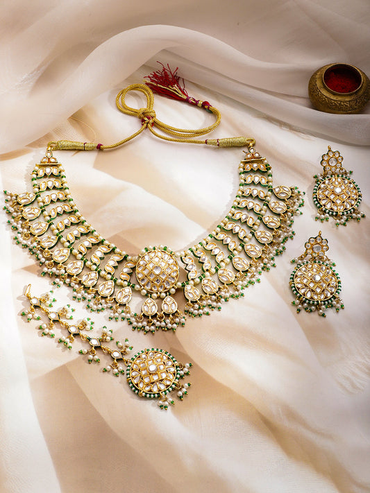 Green & White Kundan Gold Necklace Set With Maangtikka フリーサイズ