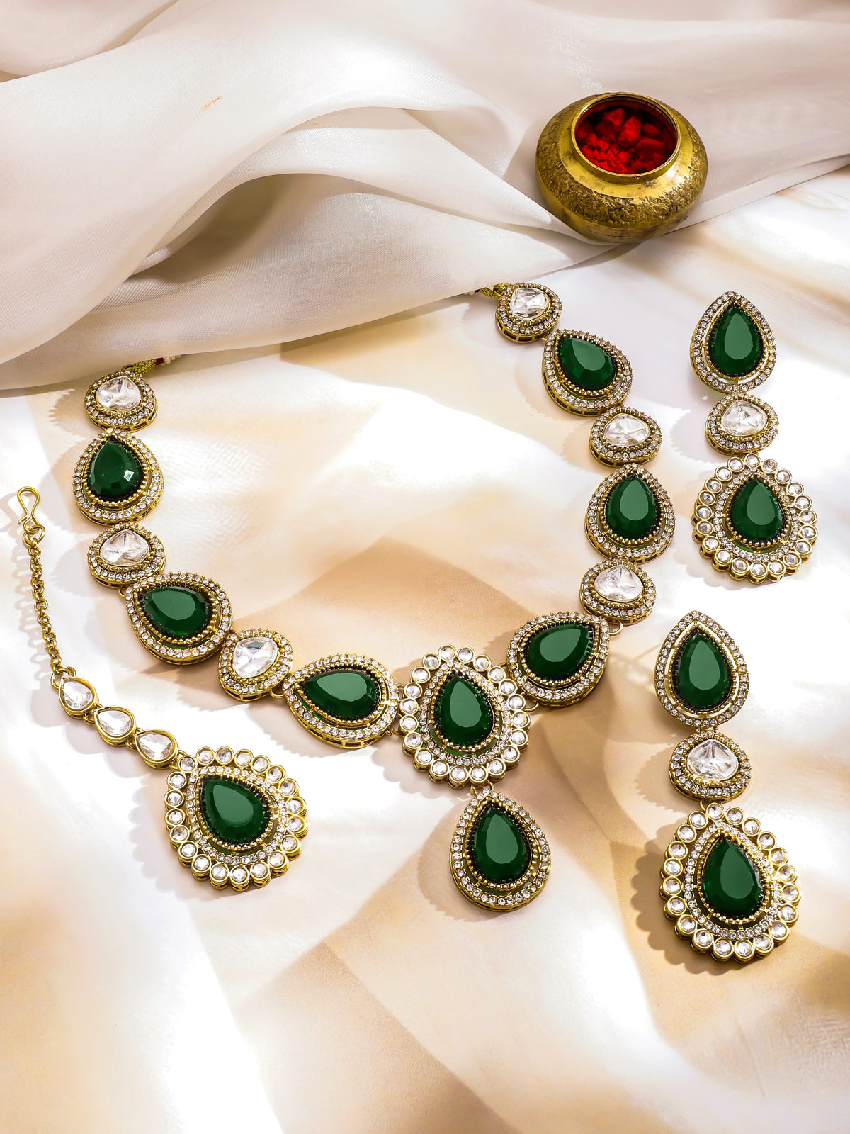 American Diamond Zirconia Emerald Drop Necklace Set フリーサイズ