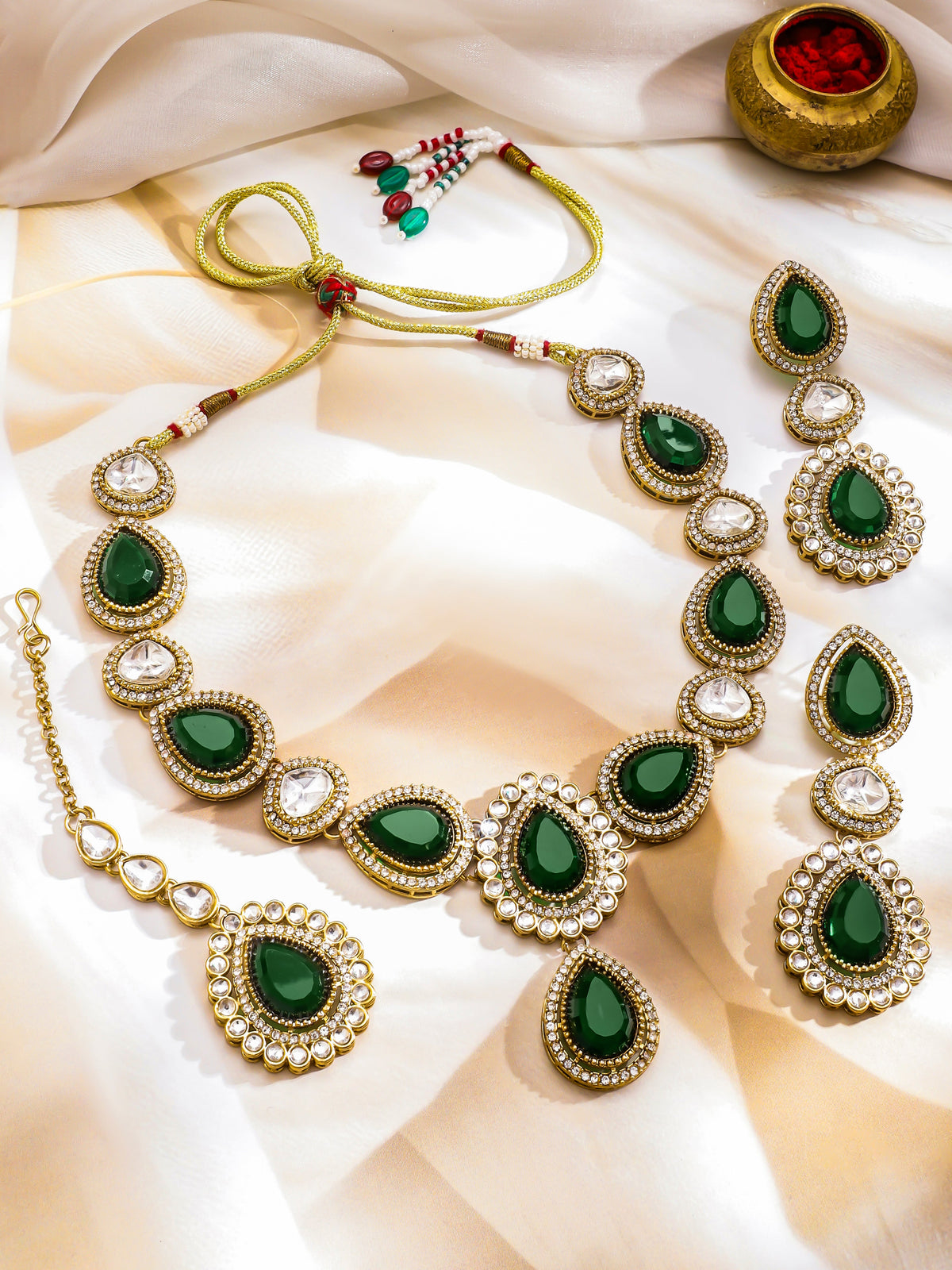 American Diamond Zirconia Emerald Drop Necklace Set フリーサイズ