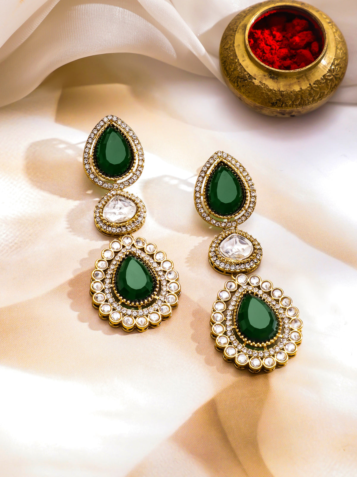 American Diamond Zirconia Emerald Drop Necklace Set フリーサイズ