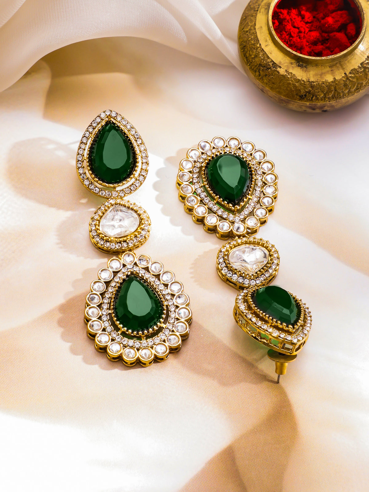 American Diamond Zirconia Emerald Drop Necklace Set フリーサイズ