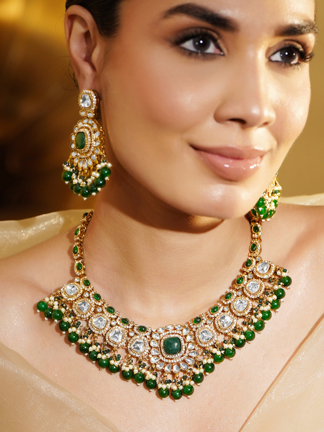 Kundan Stories in Green Necklace Set フリーサイズ