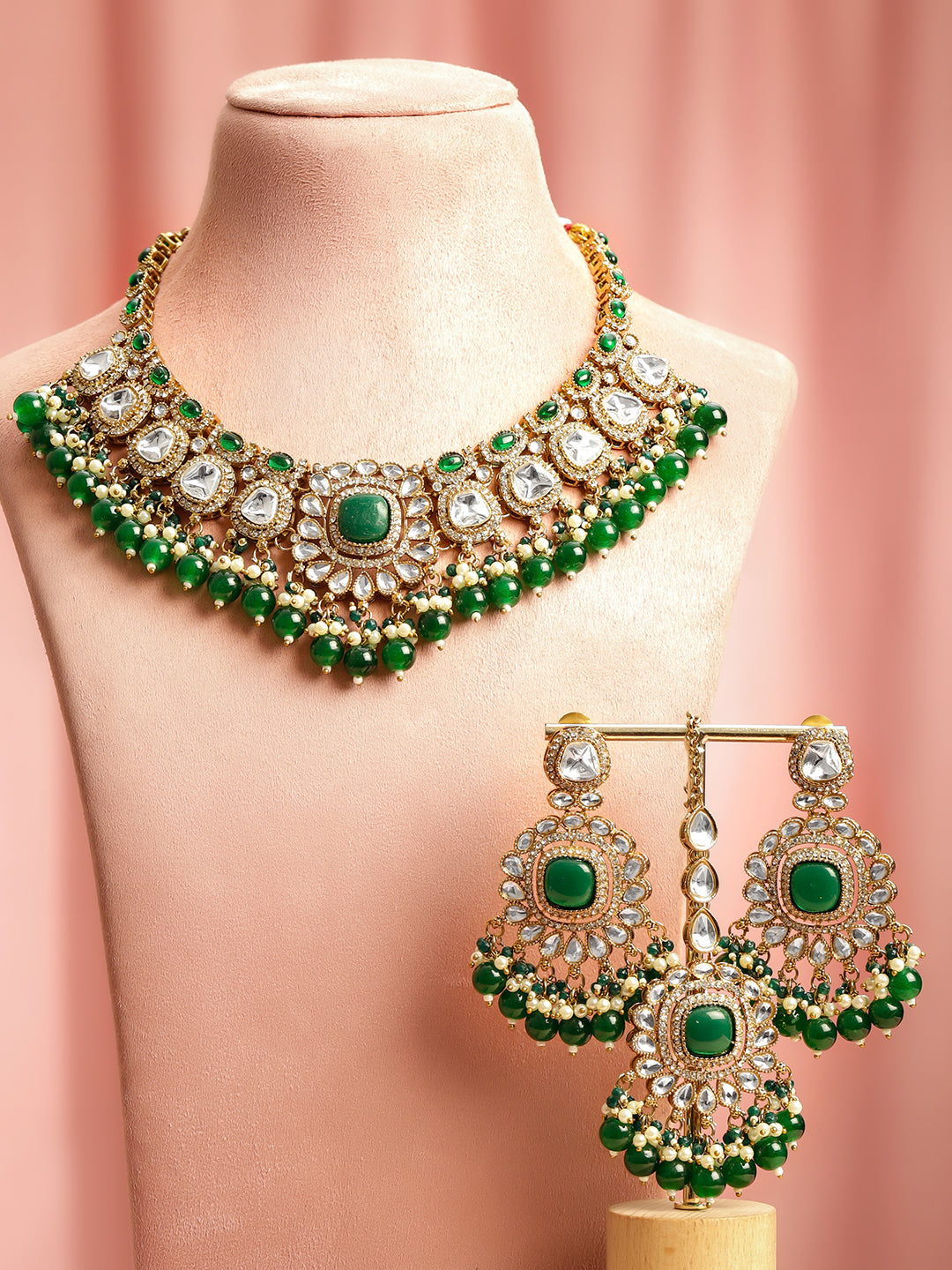 Kundan Stories in Green Necklace Set フリーサイズ