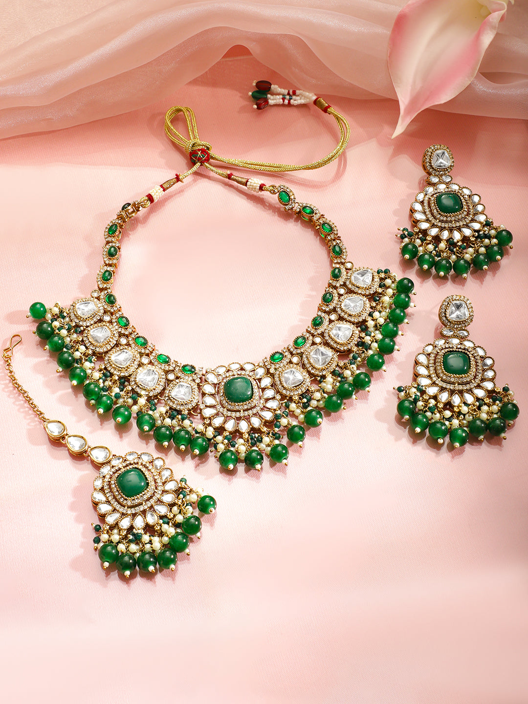 Kundan Stories in Green Necklace Set フリーサイズ