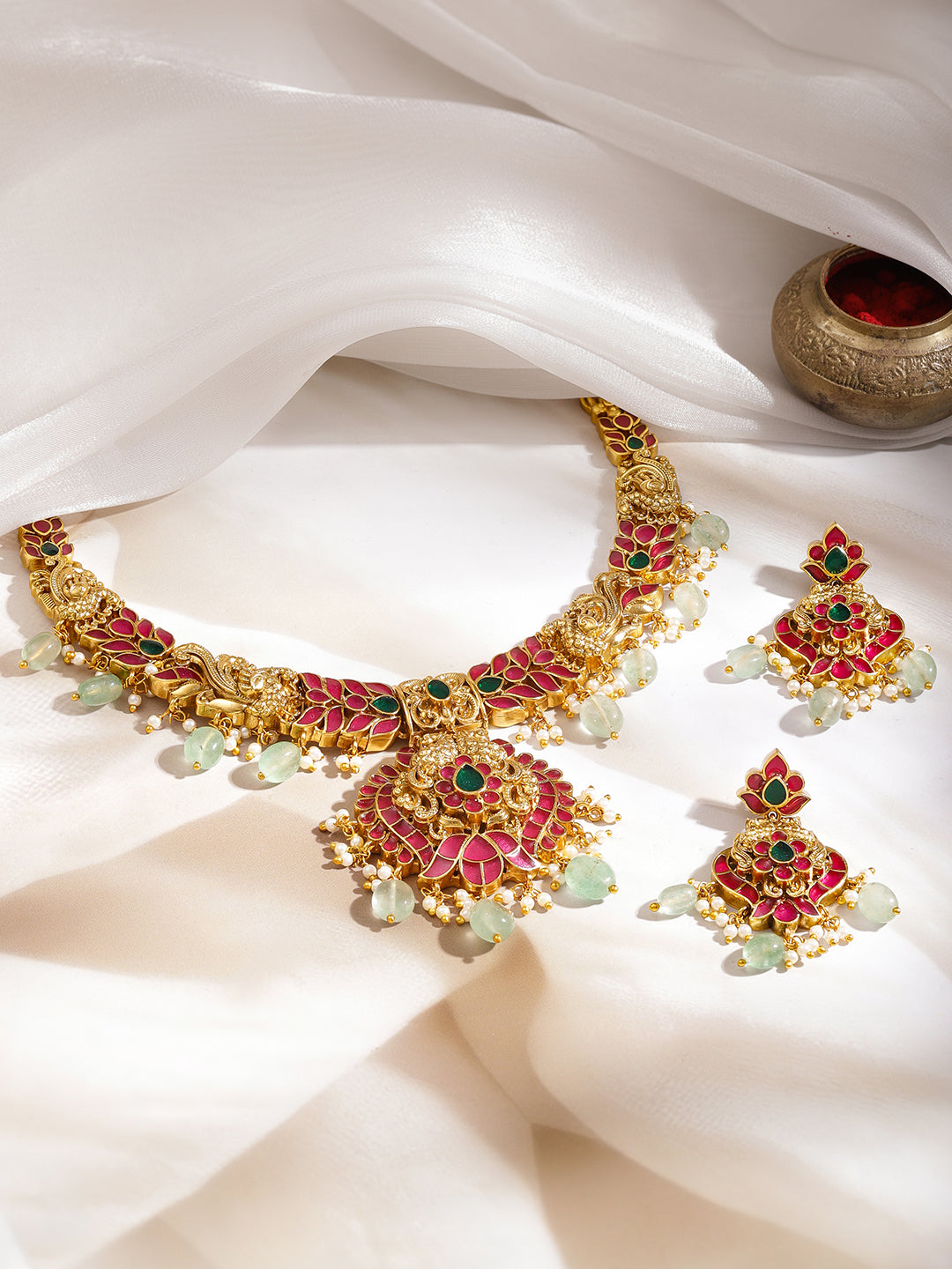 Pink-Green Royal Aura Necklace Set フリーサイズ