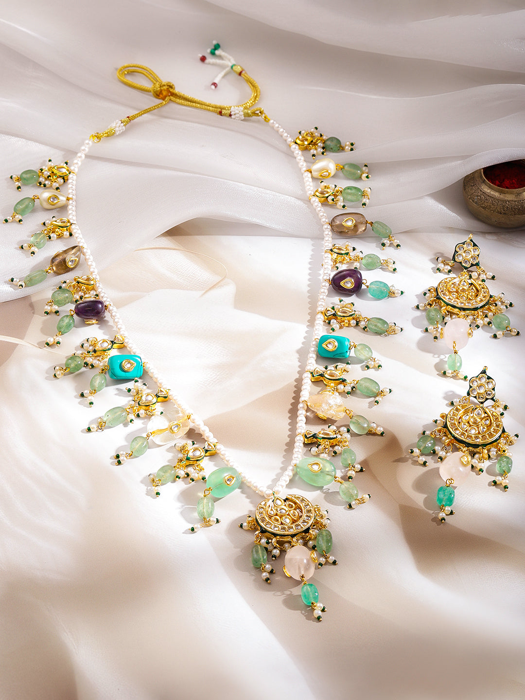Multicolour Gemstone Kundan Necklace Set フリーサイズ