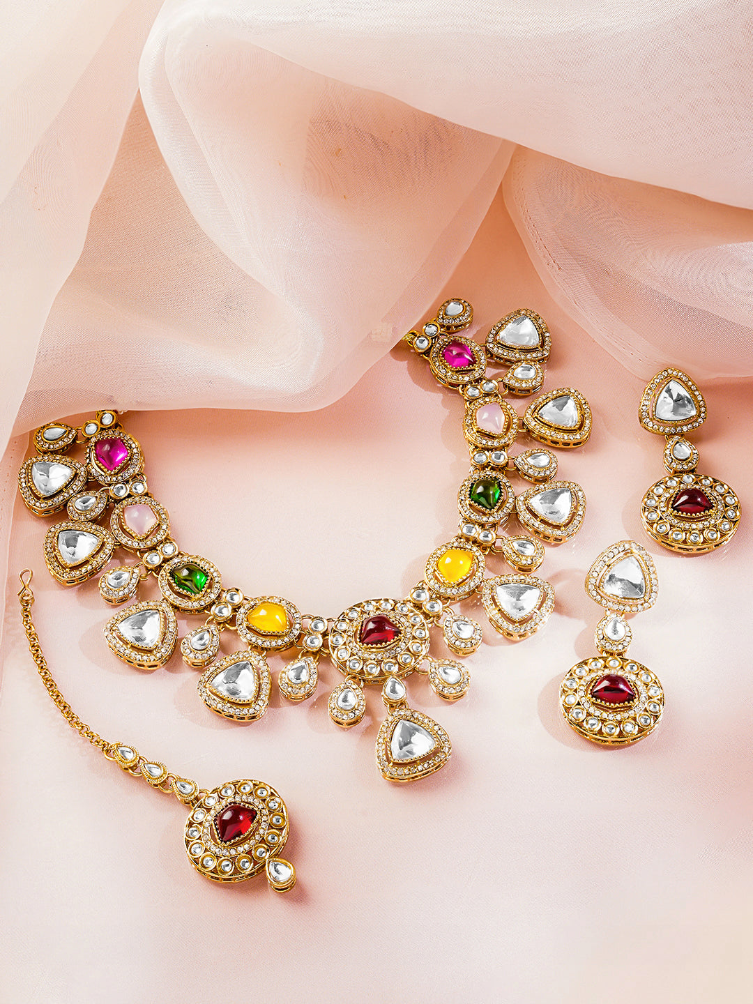 Multicolor Cubic Zirconia Kundan Set フリーサイズ