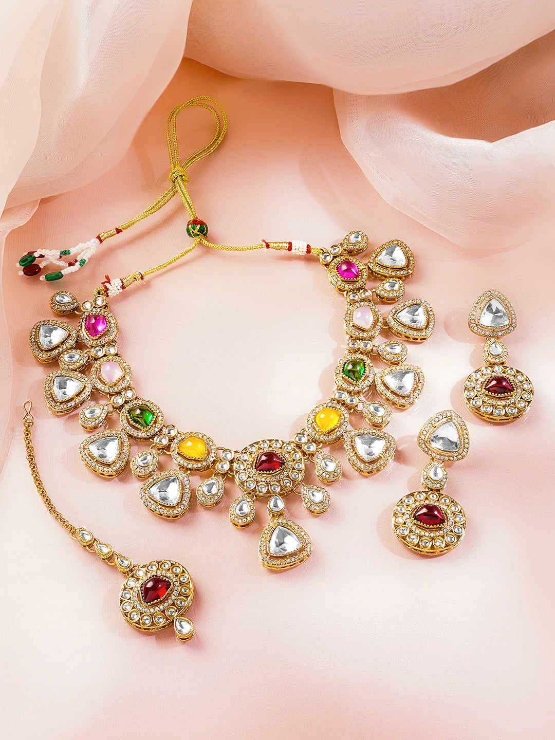 Multicolor Cubic Zirconia Kundan Set フリーサイズ