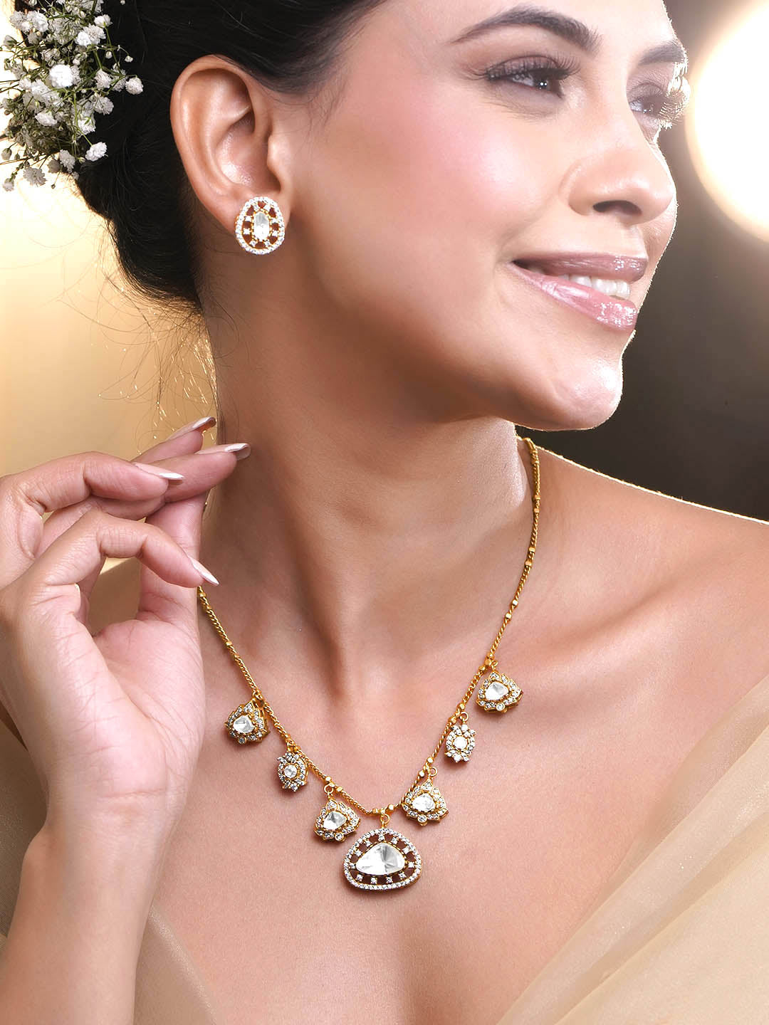 Kundan & Diamond Charm Necklace Set フリーサイズ