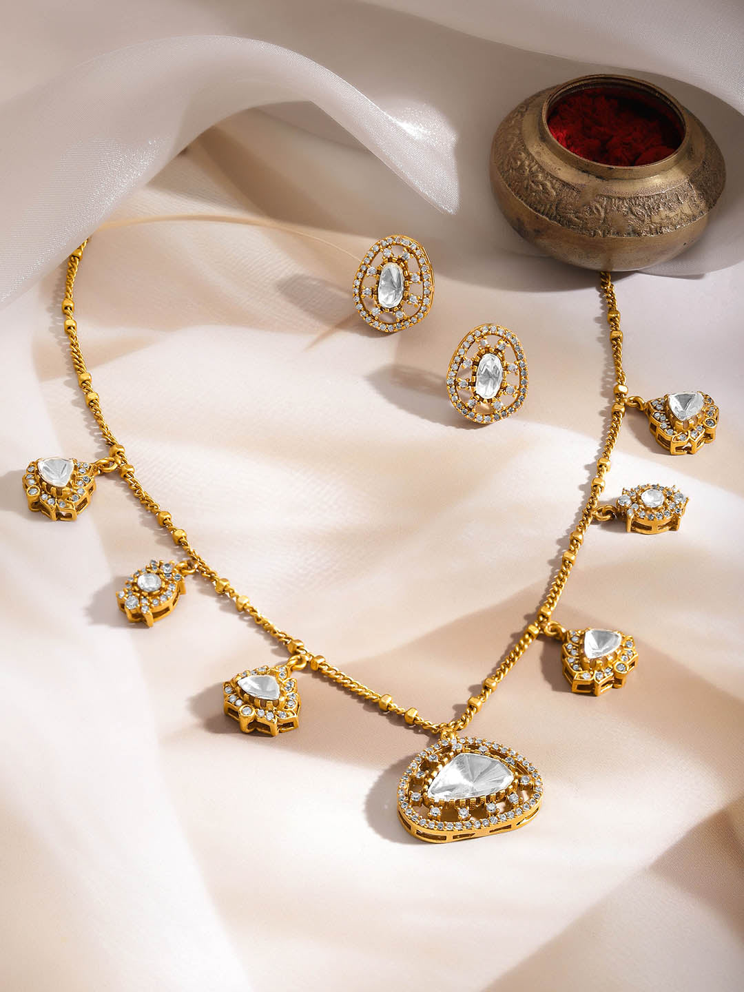 Kundan & Diamond Charm Necklace Set フリーサイズ