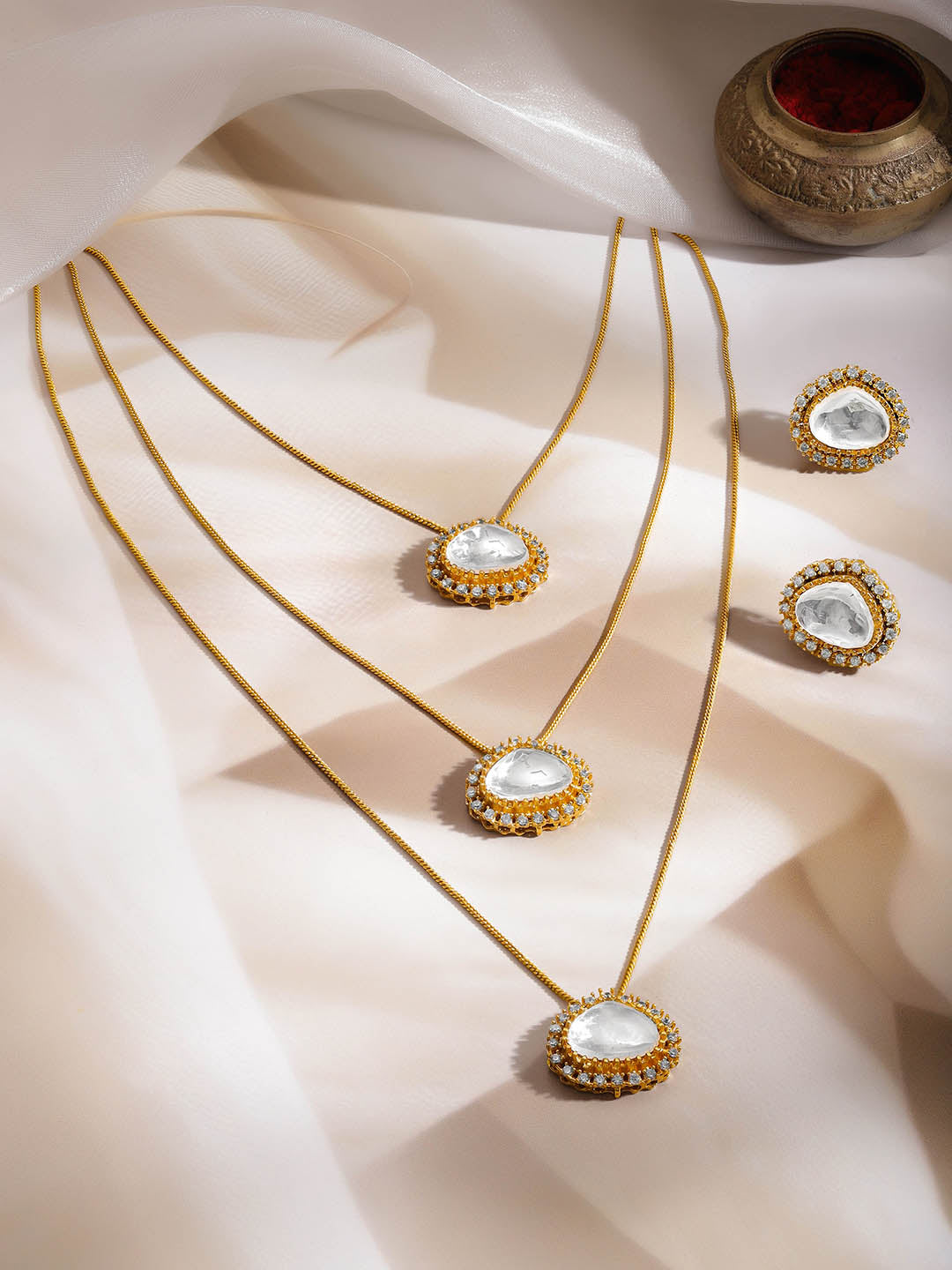 Rubans 18K Gold Plated Brass Kundan Cubic Zirconia Multilayer Necklace Set フリーサイズ