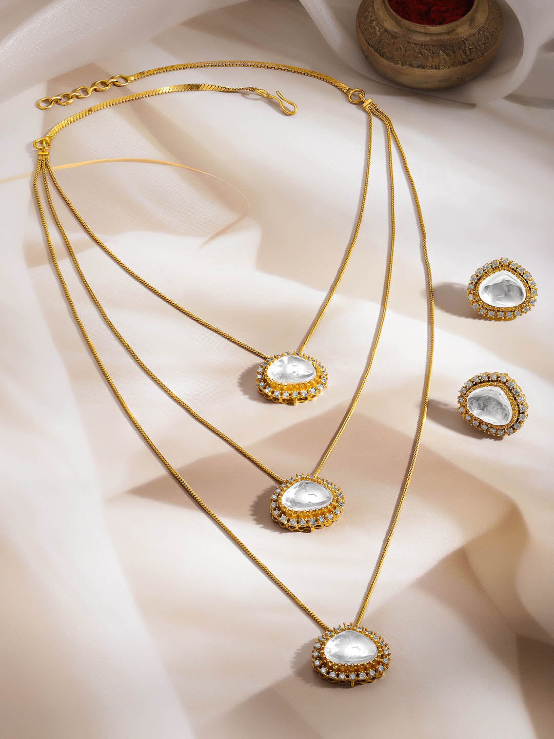Rubans 18K Gold Plated Brass Kundan Cubic Zirconia Multilayer Necklace Set フリーサイズ