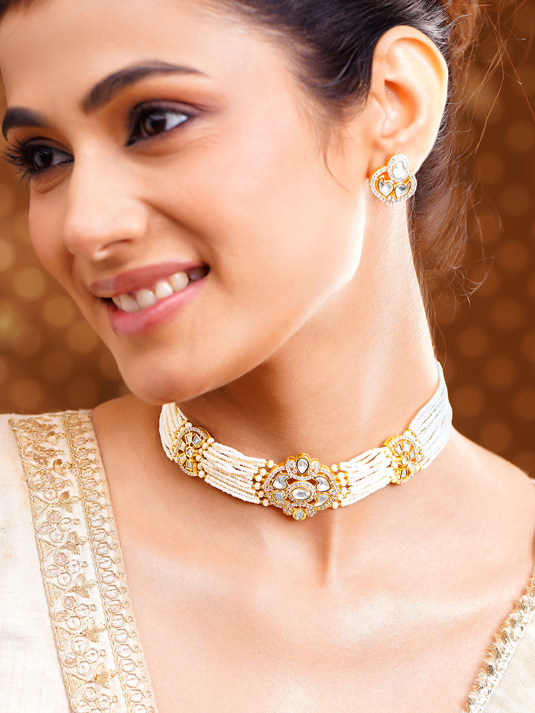 【Rubans】 Gold Plated Kundan Pearl Beaded Choker Necklace Set｜ゴールドメッキ クンダン パールビーズ チョーカーネックレスセット（コンパクト）