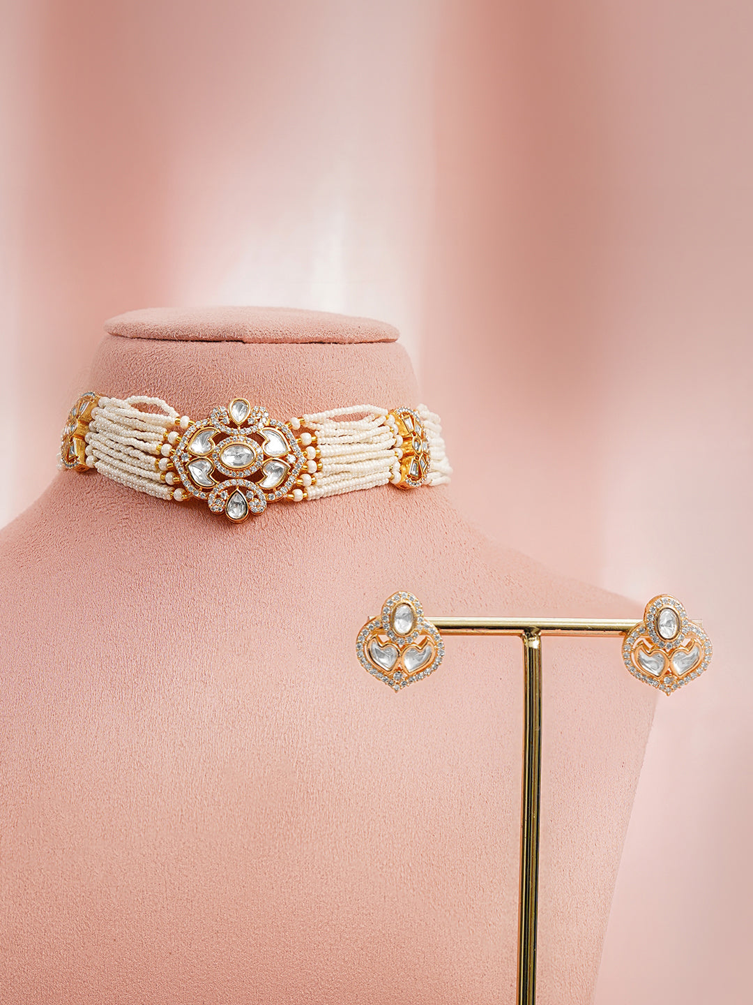 【Rubans】 Gold Plated Kundan Pearl Beaded Choker Necklace Set｜ゴールドメッキ クンダン パールビーズ チョーカーネックレスセット（コンパクト）