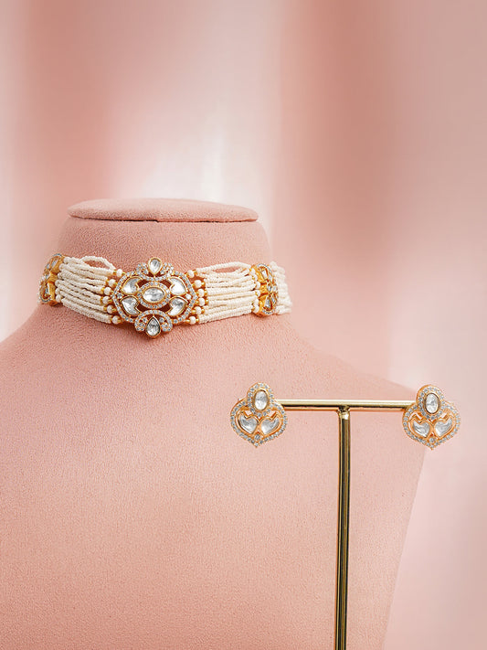 【Rubans】 Gold Plated Kundan Pearl Beaded Choker Necklace Set｜ゴールドメッキ クンダン パールビーズ チョーカーネックレスセット（コンパクト）
