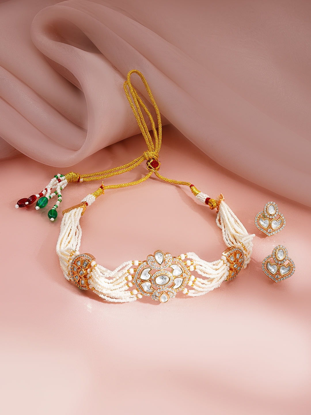 【Rubans】 Gold Plated Kundan Pearl Beaded Choker Necklace Set｜ゴールドメッキ クンダン パールビーズ チョーカーネックレスセット（コンパクト）