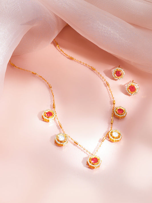 Ruby Zirconia Drop Charm Necklace Set フリーサイズ