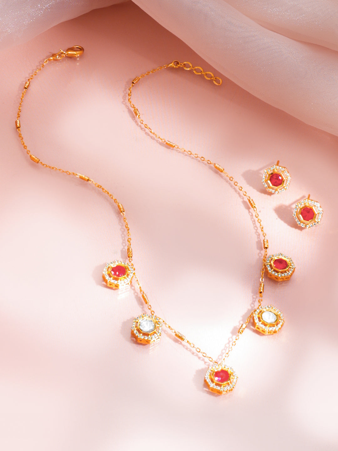 Ruby Zirconia Drop Charm Necklace Set フリーサイズ