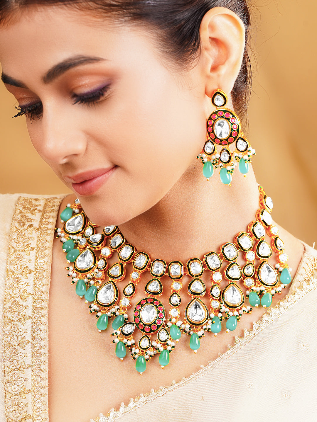 【Rubans】 Bridal Glow Kundan Statement Necklace Set｜ブライダルグロー クンダン ステートメント ネックレスセット
