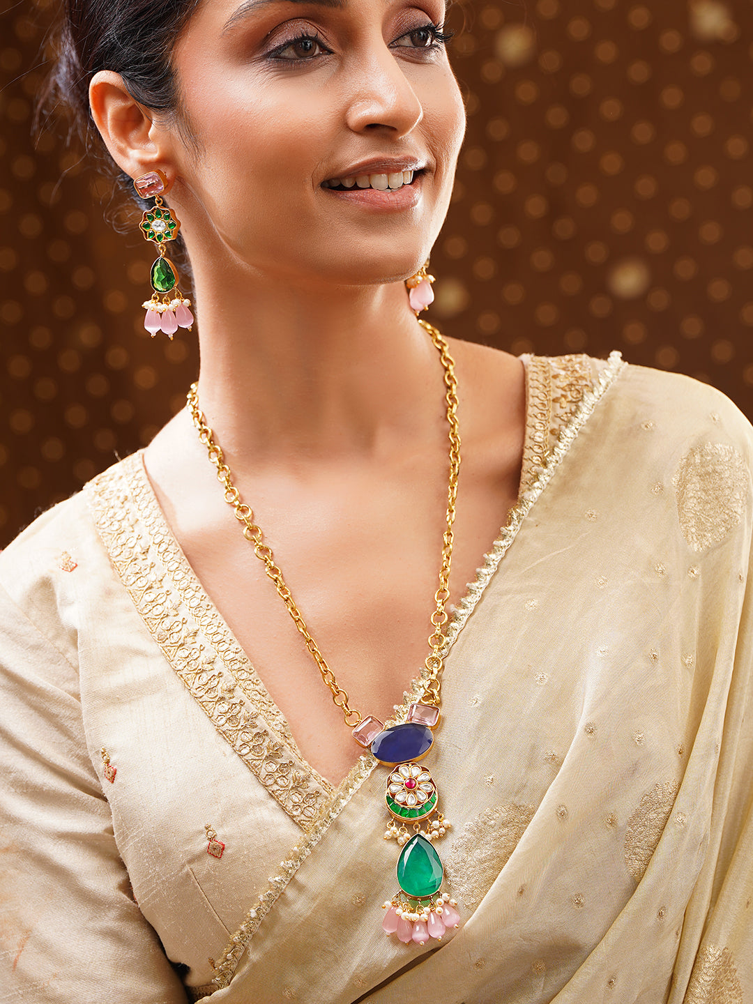 【Rubans】 Gold Plated Pearl Beaded Kundan Multicolor Necklace Set｜ゴールドメッキ パールビーズ クンダン マルチカラー ネックレスセット