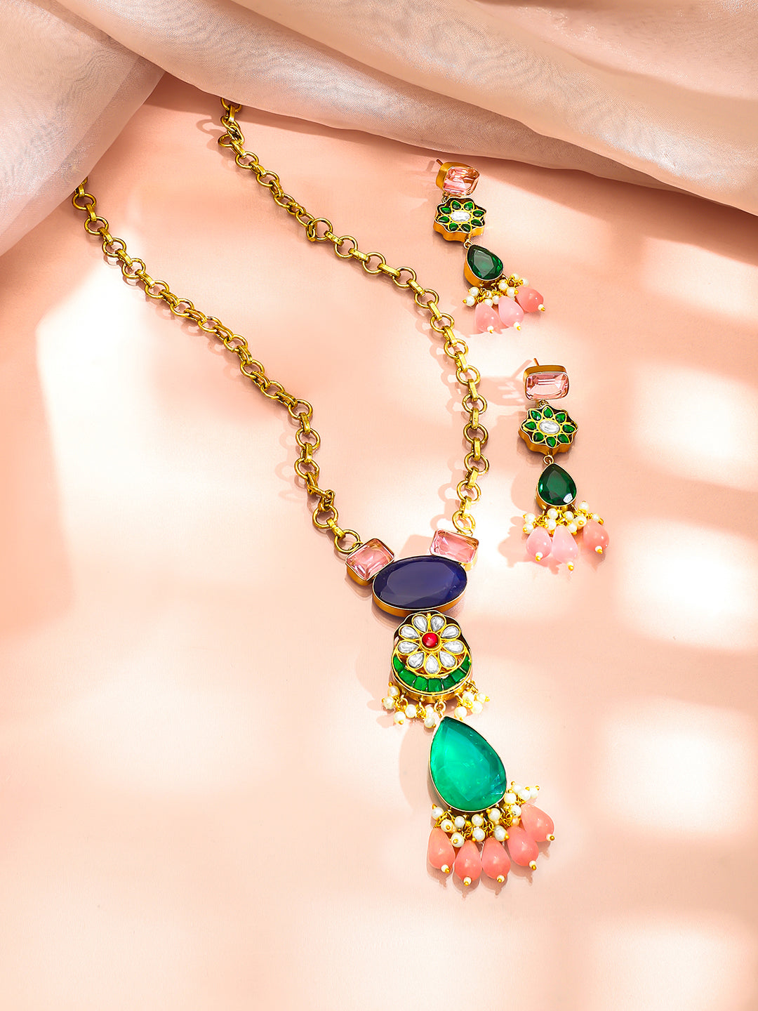 【Rubans】 Gold Plated Pearl Beaded Kundan Multicolor Necklace Set｜ゴールドメッキ パールビーズ クンダン マルチカラー ネックレスセット
