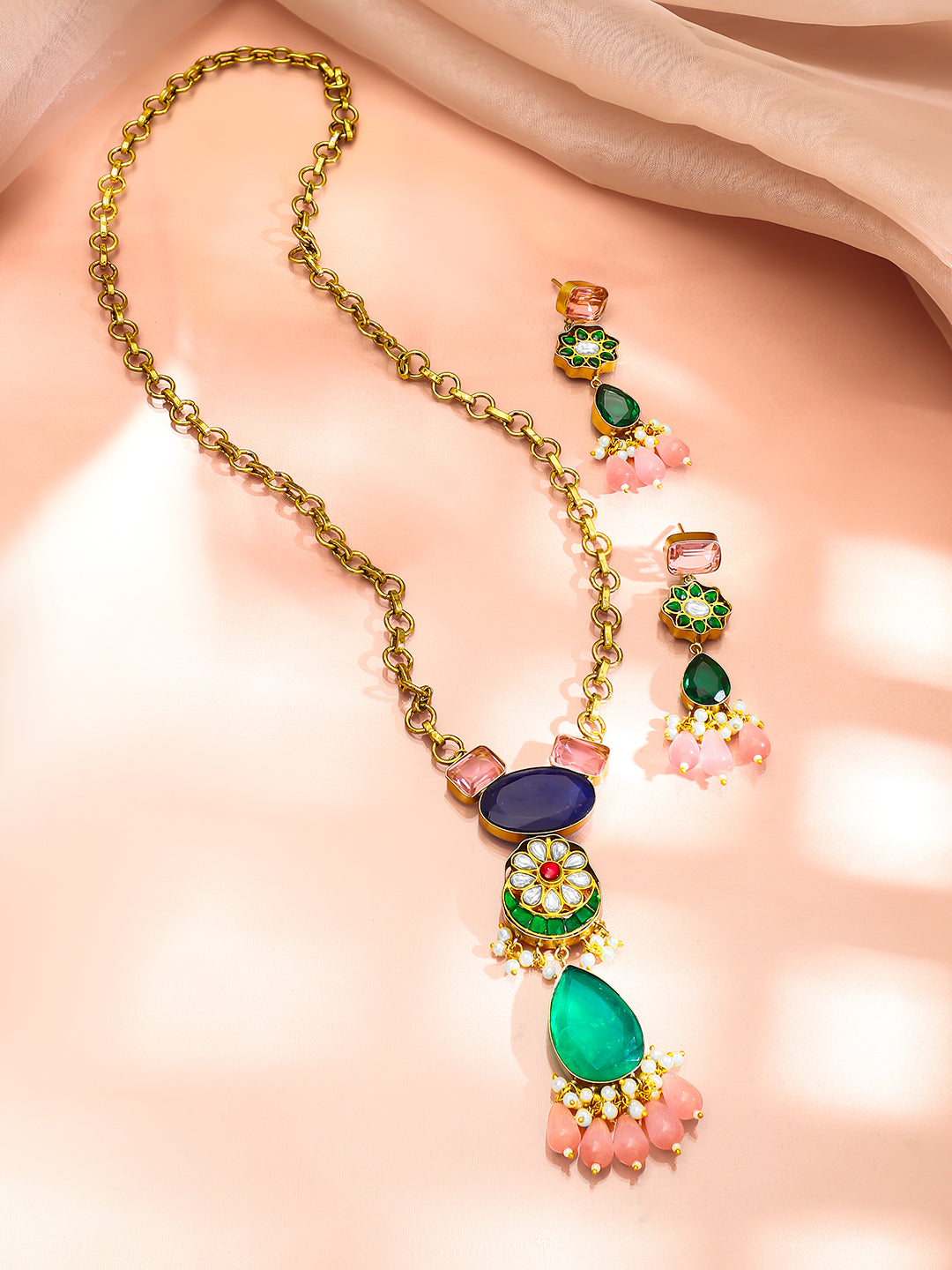 【Rubans】 Gold Plated Pearl Beaded Kundan Multicolor Necklace Set｜ゴールドメッキ パールビーズ クンダン マルチカラー ネックレスセット