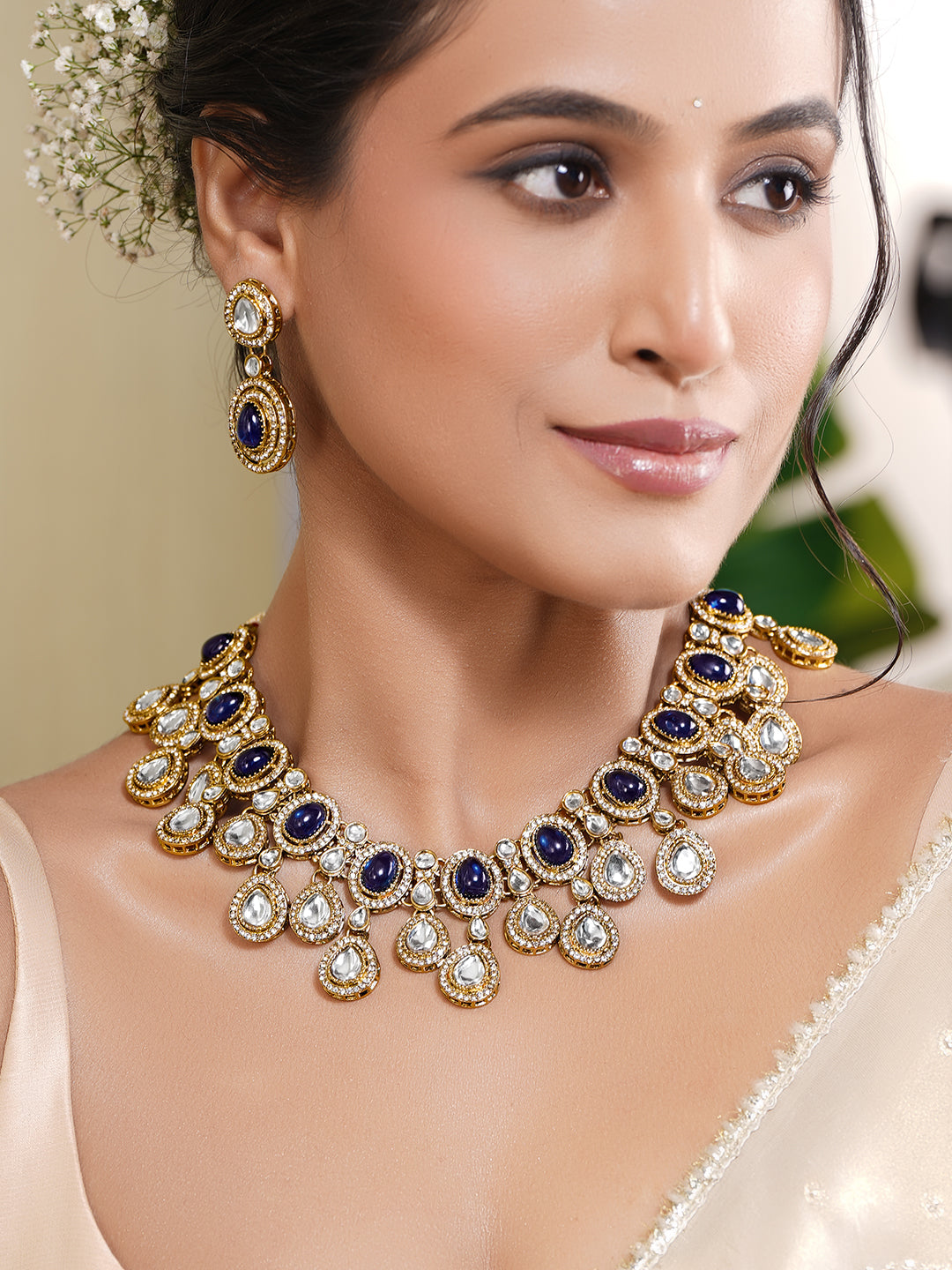 Blue Sapphire Glow Kundan Statement Necklace Set フリーサイズ