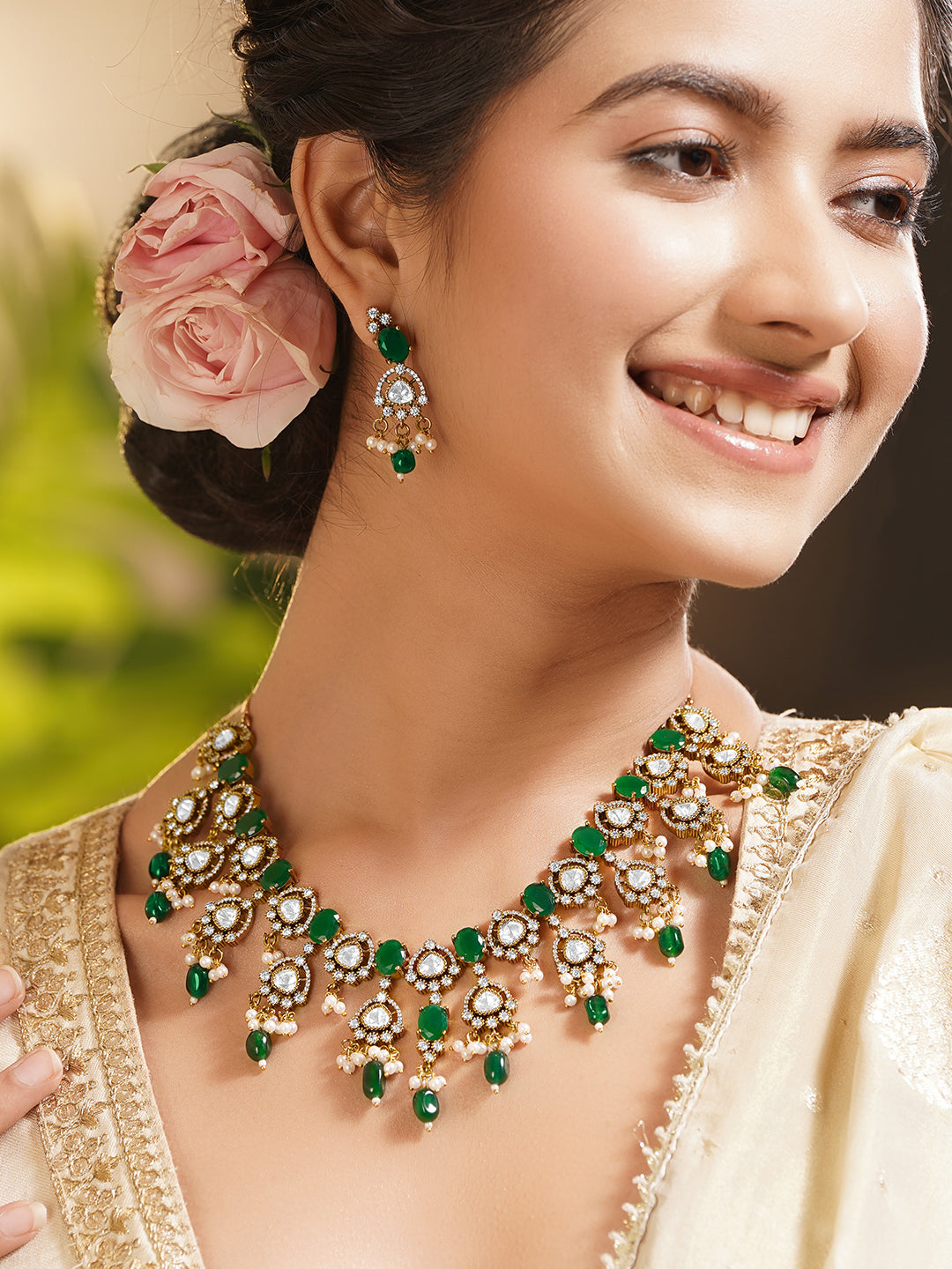 Festive Emerald Zirconia Necklace Set フリーサイズ