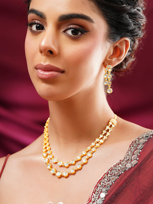 【Rubans】 Rhodium Plated Kundan Layered Necklace Set｜ロジウムメッキ クンダン レイヤード ネックレスセット