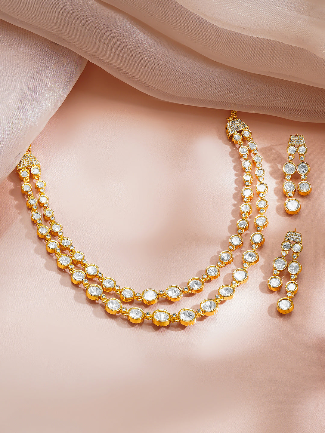 【Rubans】 Rhodium Plated Kundan Layered Necklace Set｜ロジウムメッキ クンダン レイヤード ネックレスセット