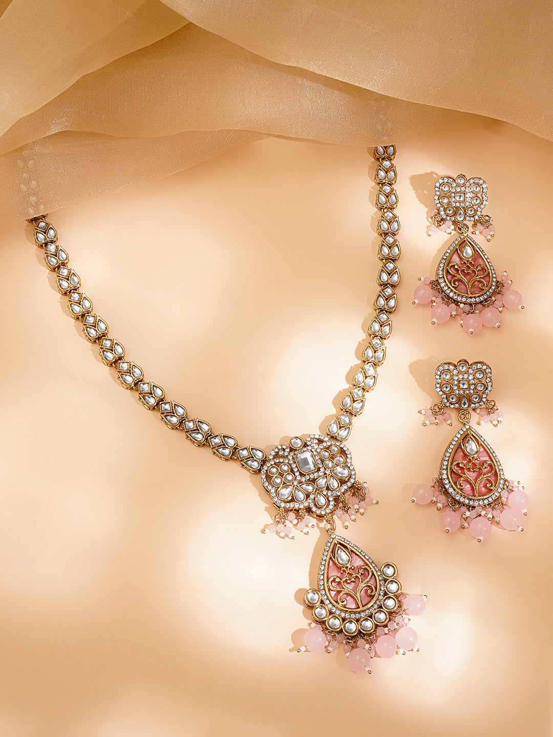 【Rubans】 Pastel Pink Beaded Kundan Teardrop Pendant Necklace Set｜パステルピンク ビーズ クンダン ティアドロップ ペンダント ネックレスセット