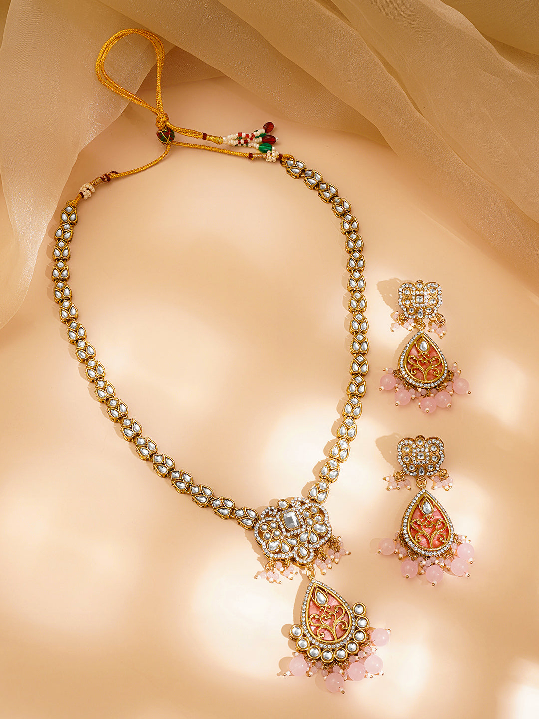 【Rubans】 Pastel Pink Beaded Kundan Teardrop Pendant Necklace Set｜パステルピンク ビーズ クンダン ティアドロップ ペンダント ネックレスセット