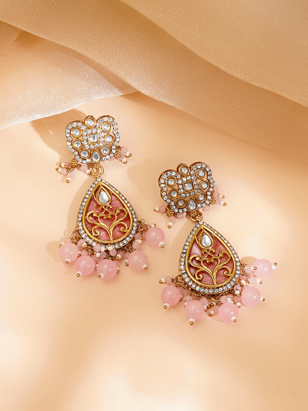 【Rubans】 Pastel Pink Beaded Kundan Teardrop Pendant Necklace Set｜パステルピンク ビーズ クンダン ティアドロップ ペンダント ネックレスセット