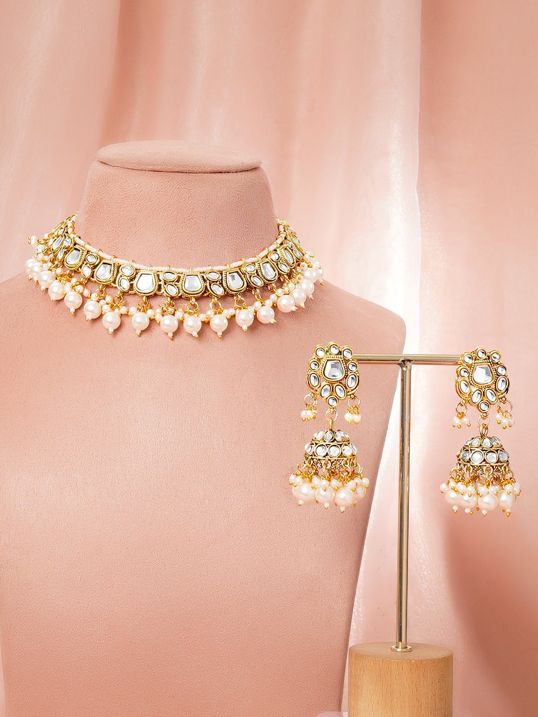 Pearl Drape Kundan Necklace Set Length - 12.5 cm