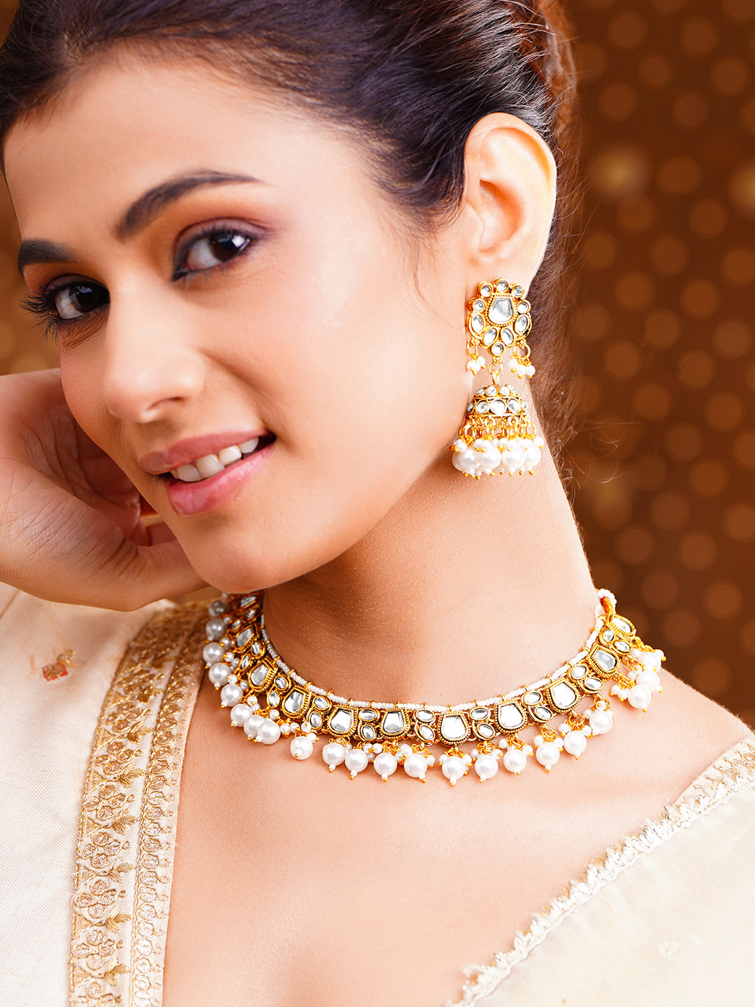 Pearl Drape Kundan Necklace Set Length - 12.5 cm