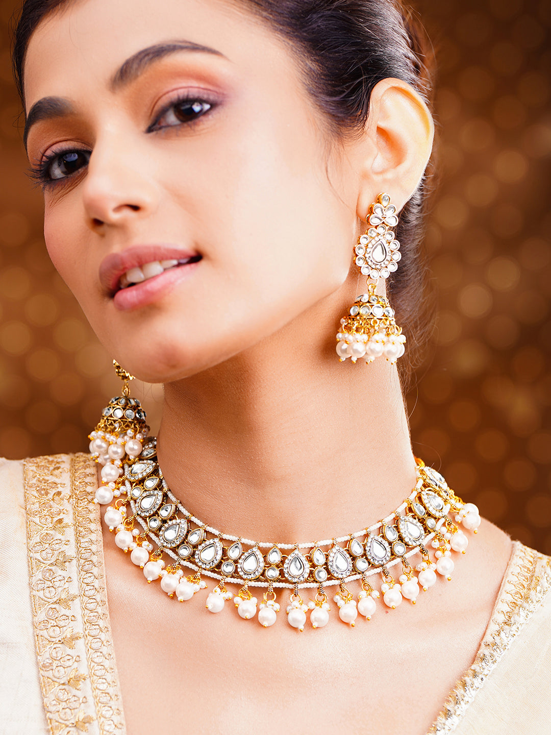 Kundan Pearl Cascade Bridal Set Length - 12.3 cm