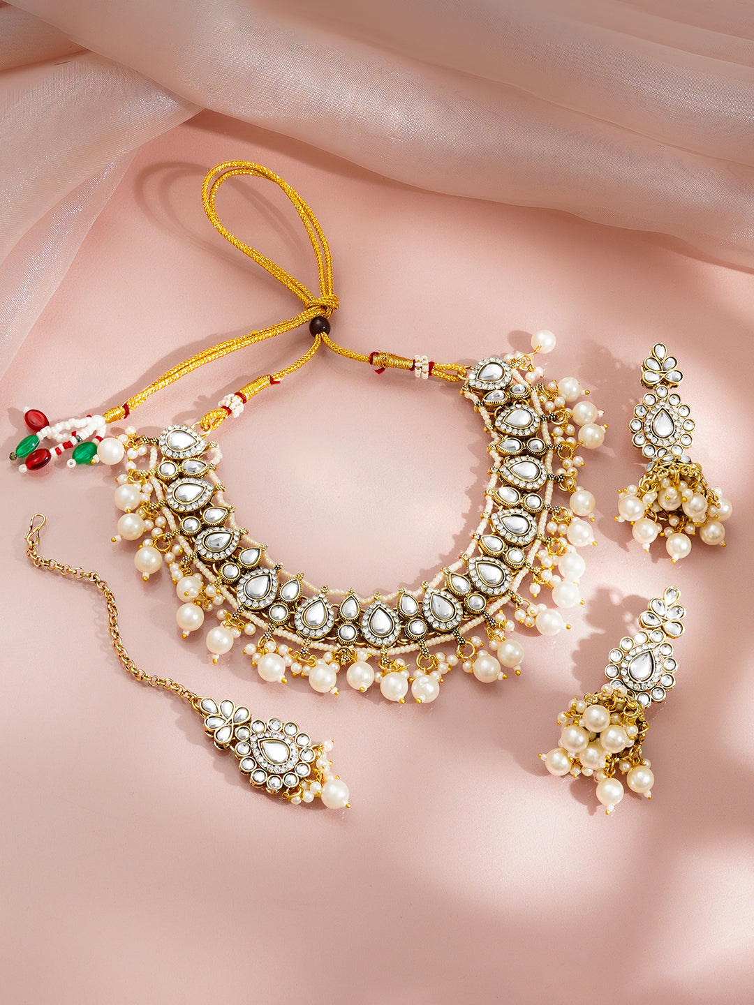 Kundan Pearl Cascade Bridal Set Length - 12.3 cm